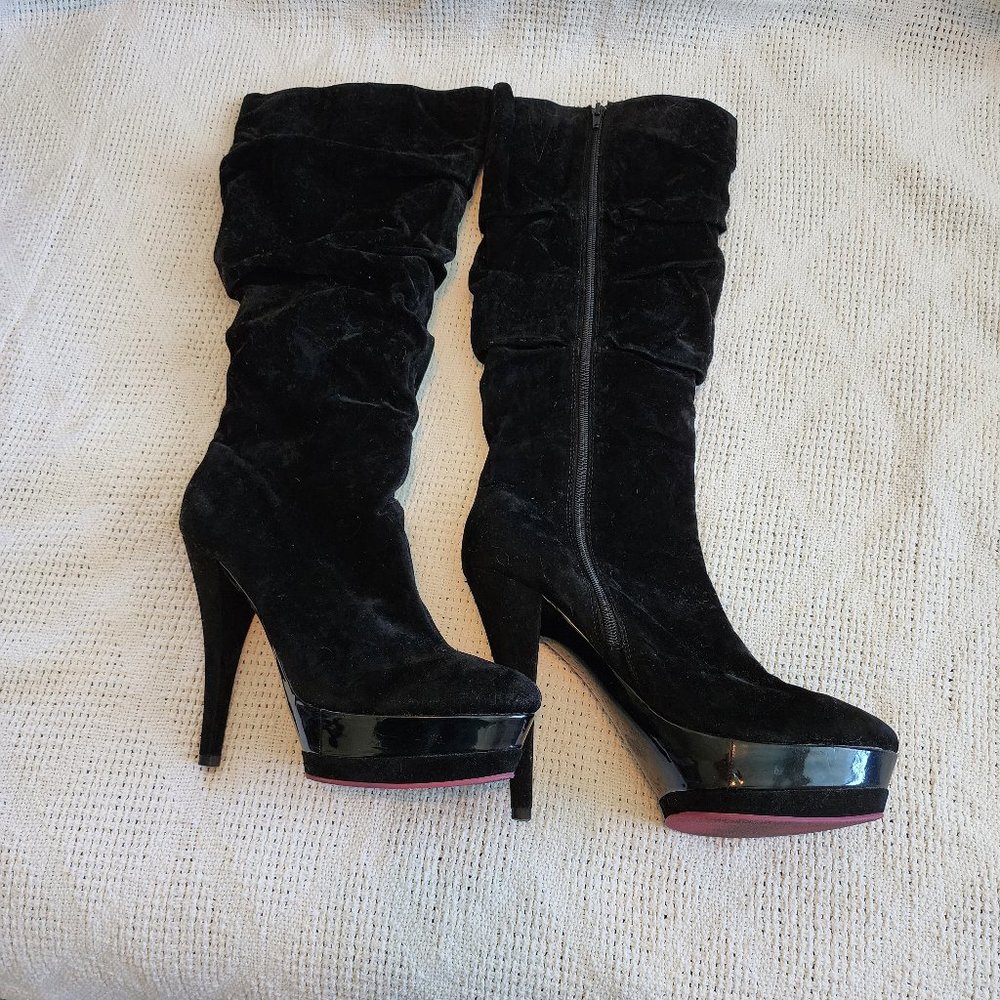 Black, Ruched, Knee high heeled boots, Size 10